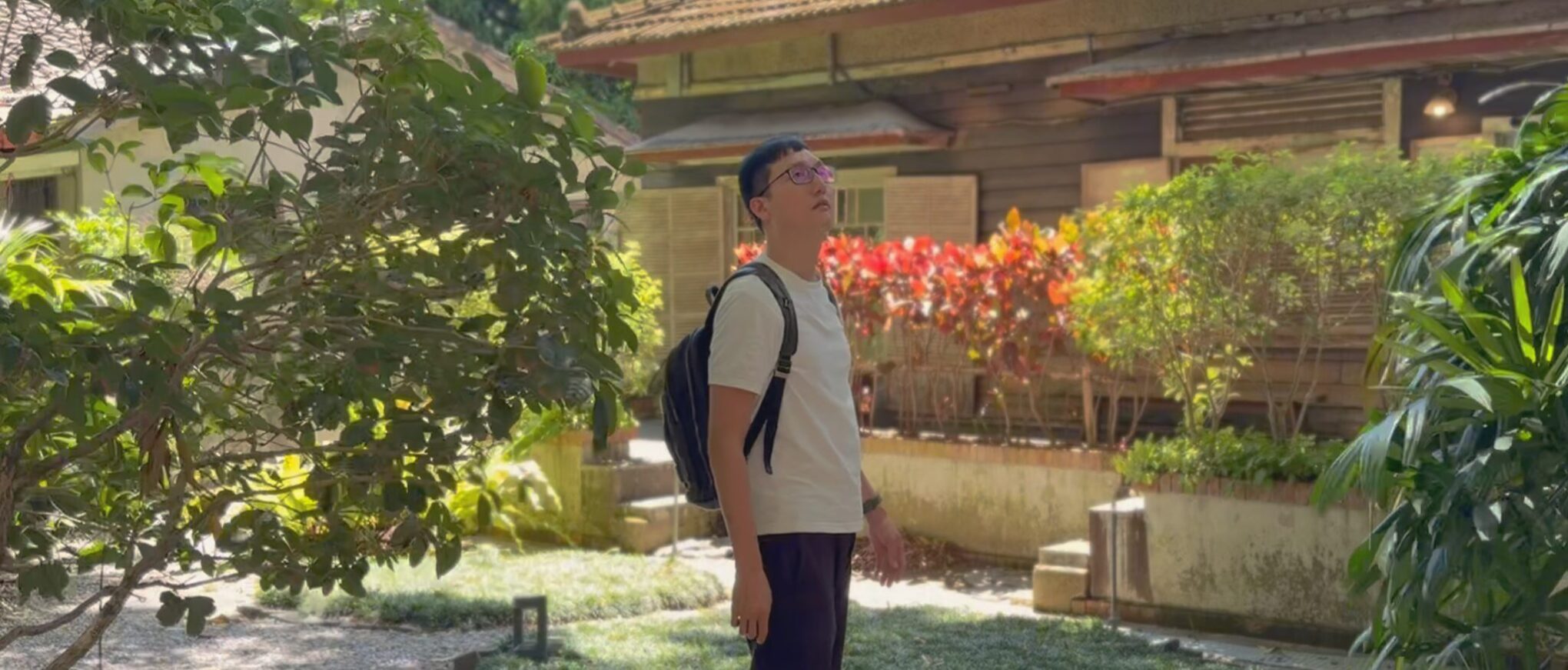 懷舊旅人散步在老屋旁的光影裡