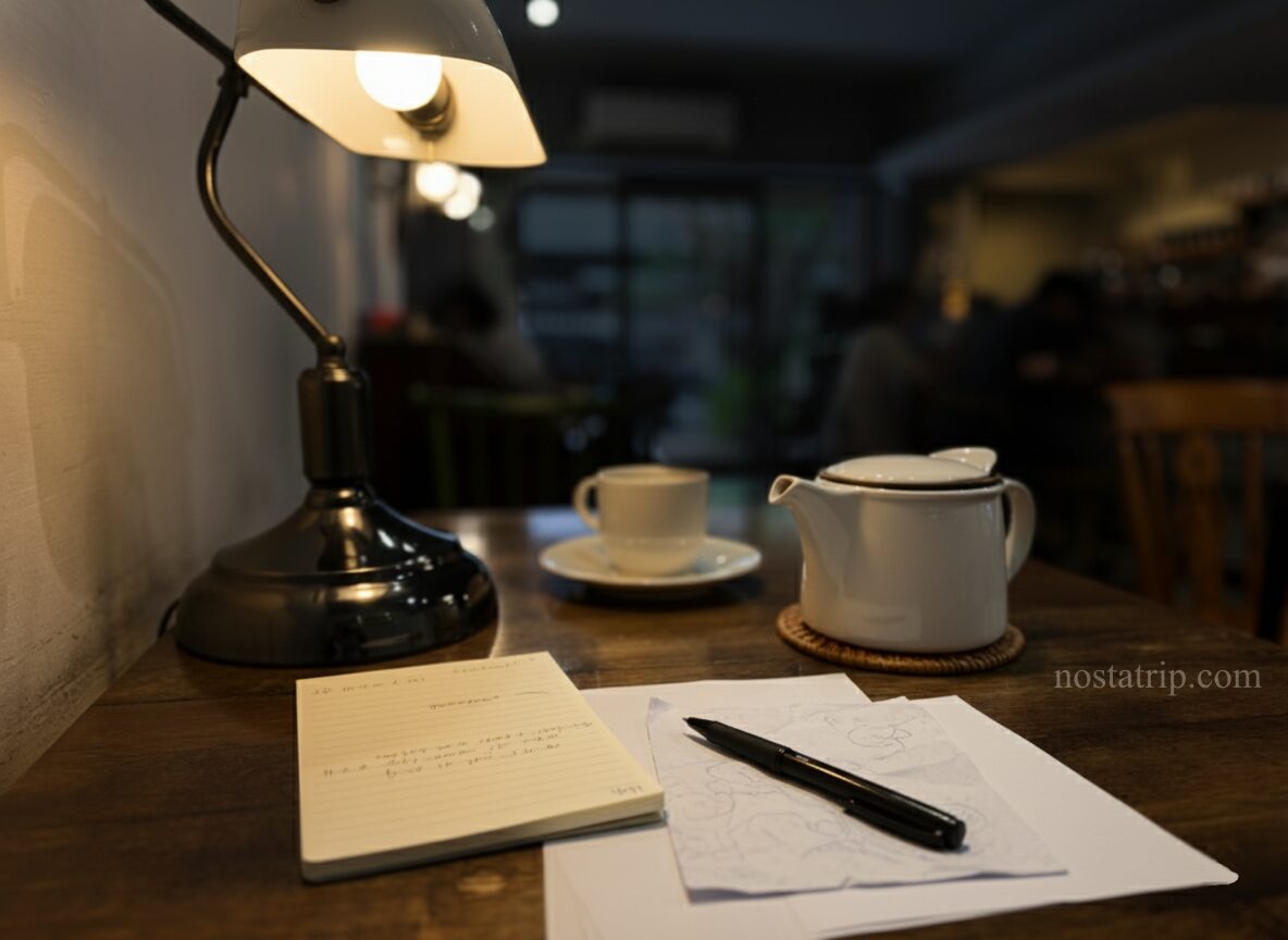 夜晚的咖啡店角落，一盞檯燈照亮木桌，茶壺、杯子與筆記紙靜靜擺放