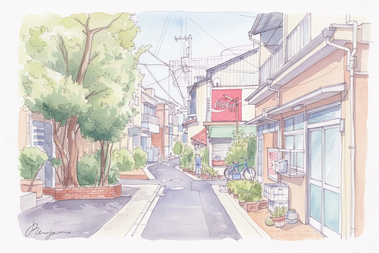 北千住附近的住宅巷弄，淡彩描繪樹木、房舍與延伸的街道