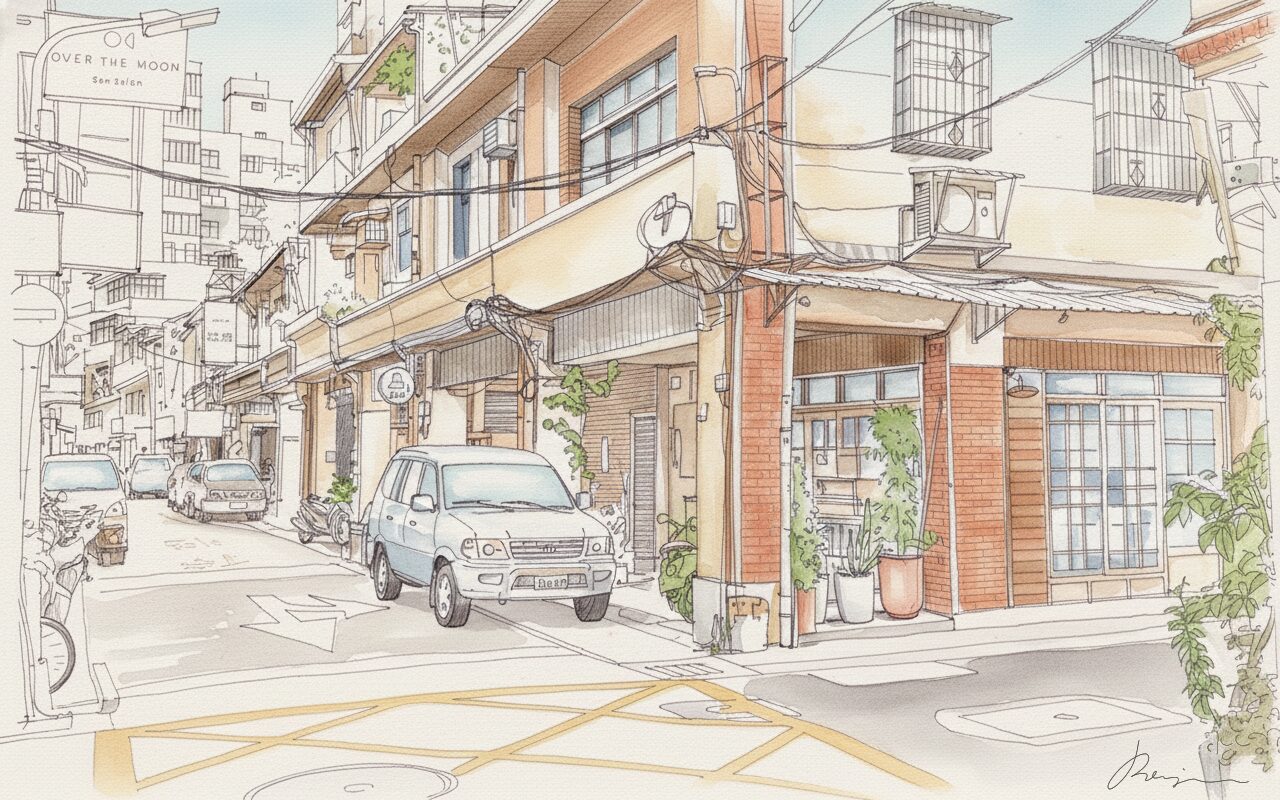 赤峰街的轉角街屋、招牌與停靠車輛，以線條與淡彩描繪